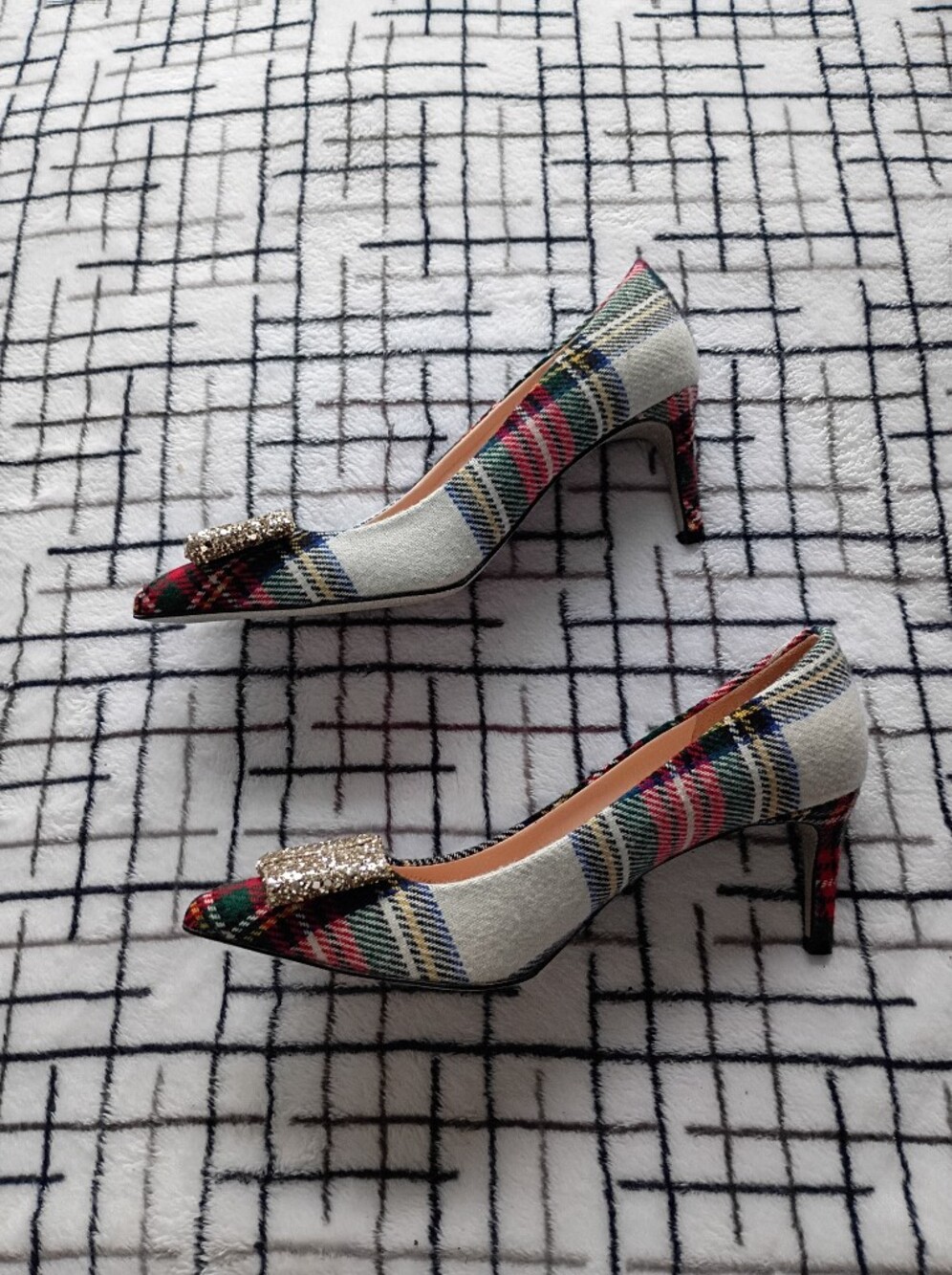 J. Crew Colette Pumps Plaid Gold Glitter Bow Pointed Toe Heels Size 8.5 NWOT - Picture 3 of 8